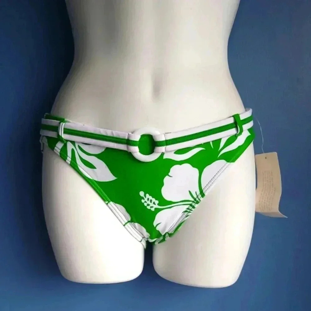 Hula Honey Belted Bikini Bottom Green White Floral NWT Small & Medium